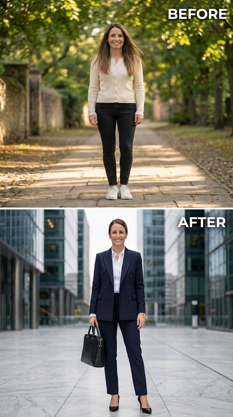 Navy Pinstripe, Pointed Heels, and the Look That Finally Speaks First