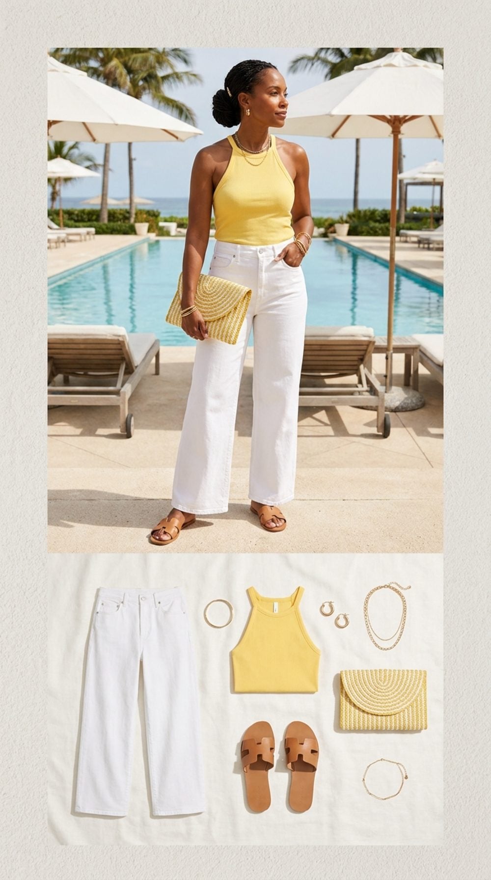 Poolside Brunch in White Wide-Leg Linen-Blend Denim and Sunshine Yellow