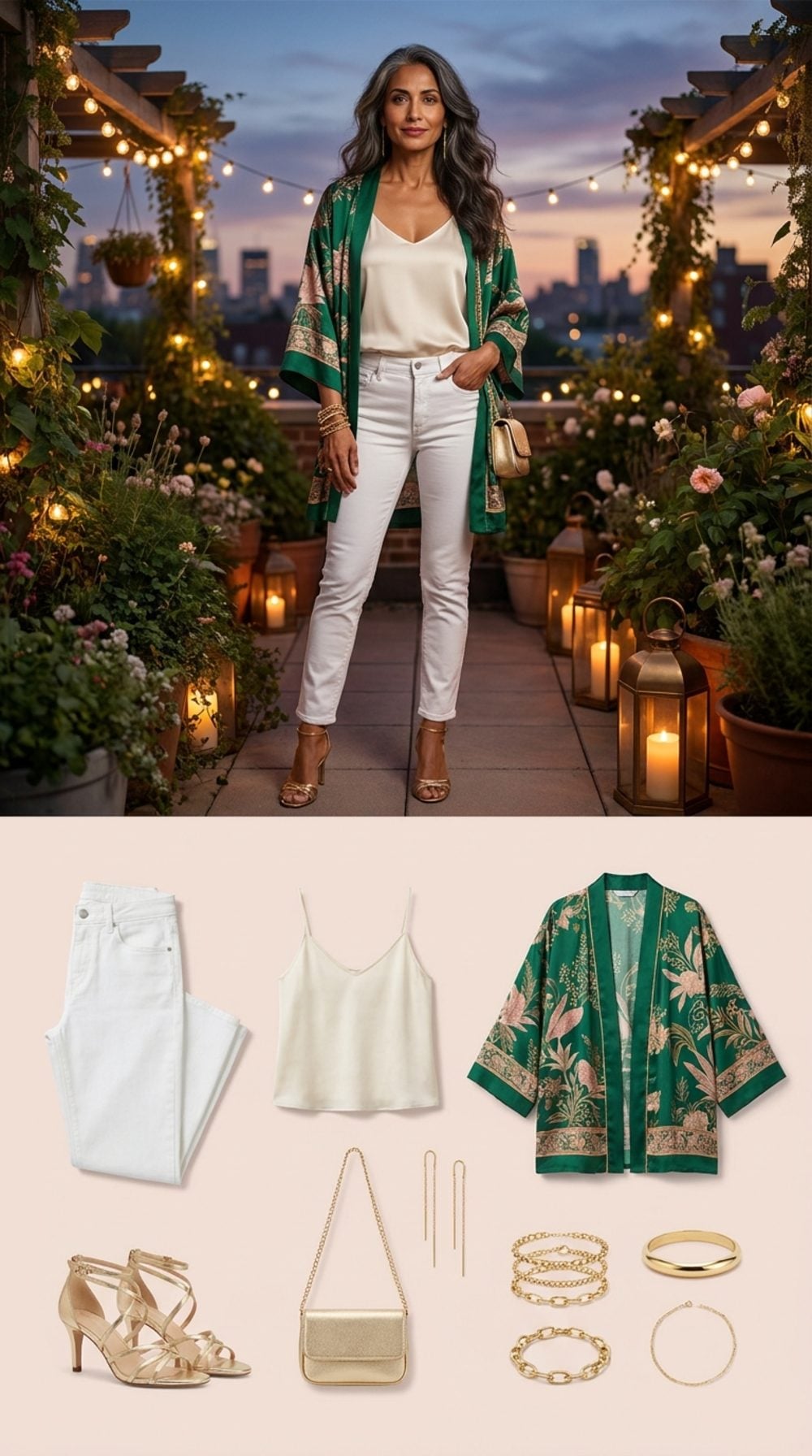 Rooftop Garden Dinner in White Slim Denim and a Printed Kimono Topper