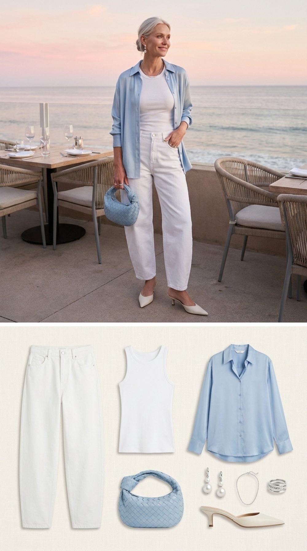 Coastal Dinner at Dusk in White Barrel-Leg Denim and Powder Blue Silk