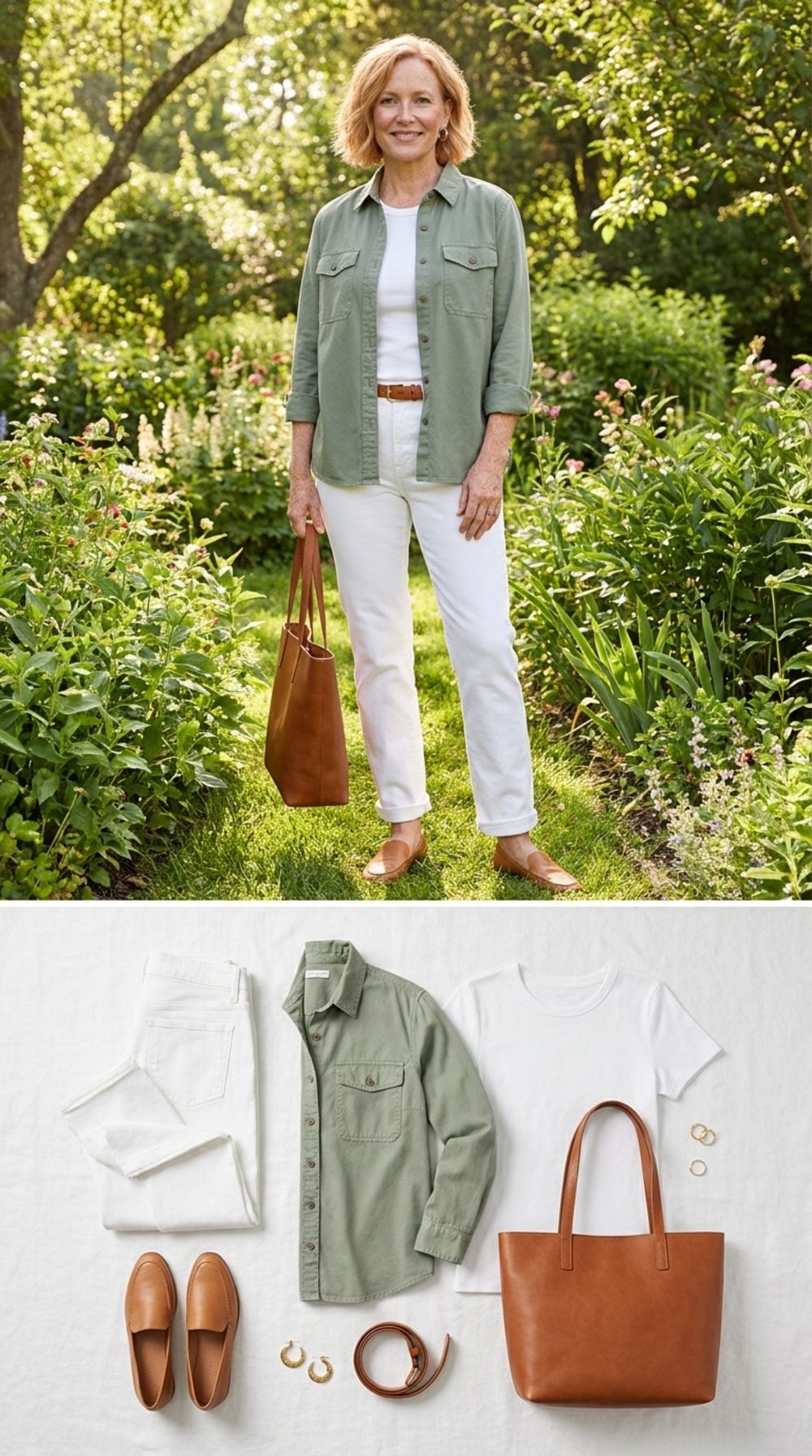 Sage Green Utility Shirt and White Jeans: Calm Authority in Organic Cotton