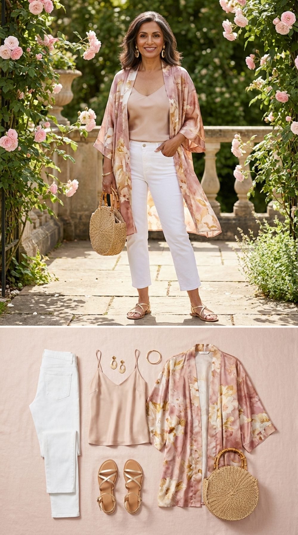 White Jeans With a Printed Kimono Wrap: Pattern Confidence on a Garden Terrace