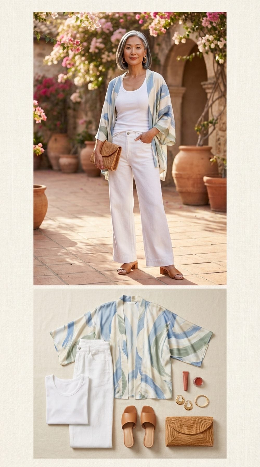 Coastal Grandmother Goes Global in White Linen and Hand-Painted Silk