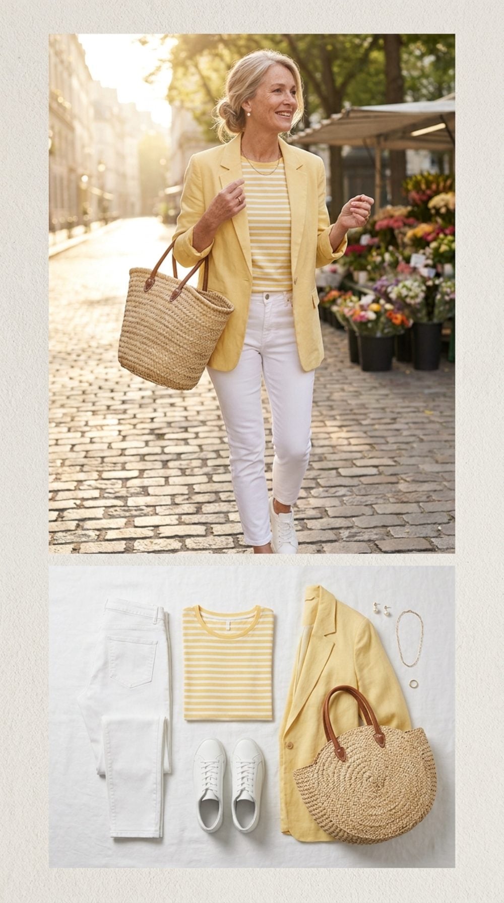 French Market Morning: White Slim Ankle and Breton Stripes in Butter Yellow