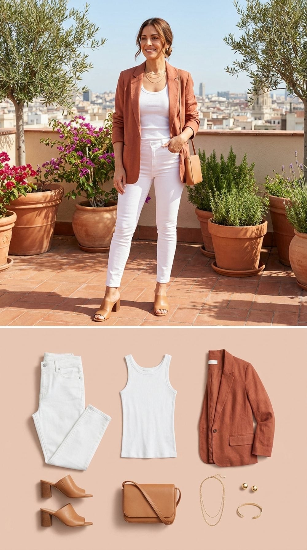 Rooftop Aperitivo in White Skinny Denim and a Terracotta Blazer