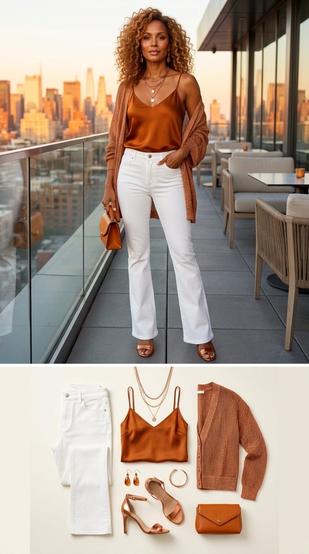Rooftop Sundowner: White Bootcut and Copper-Toned Everything