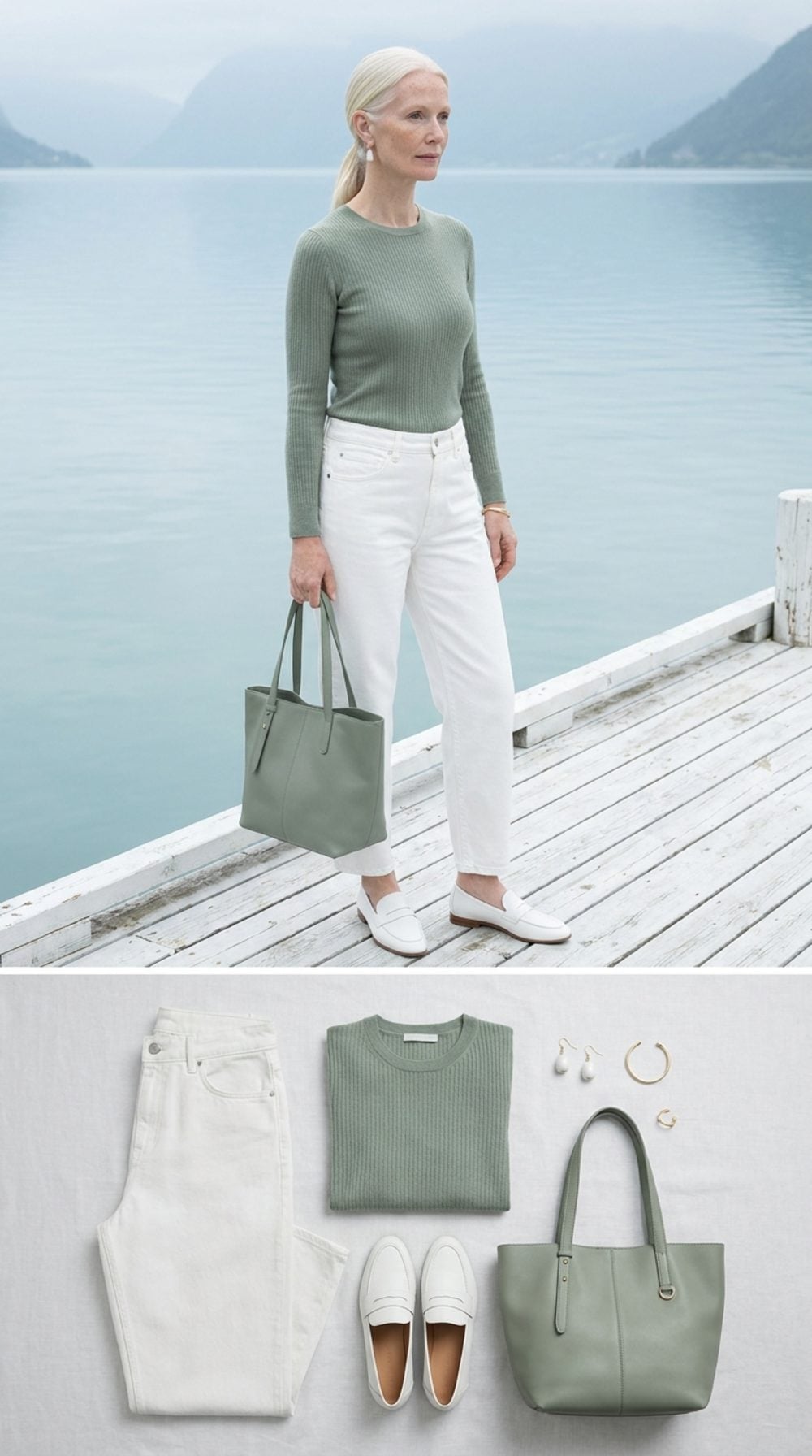 Nordic Summer Calm: White Barrel-Leg Jean and Soft Sage Cashmere