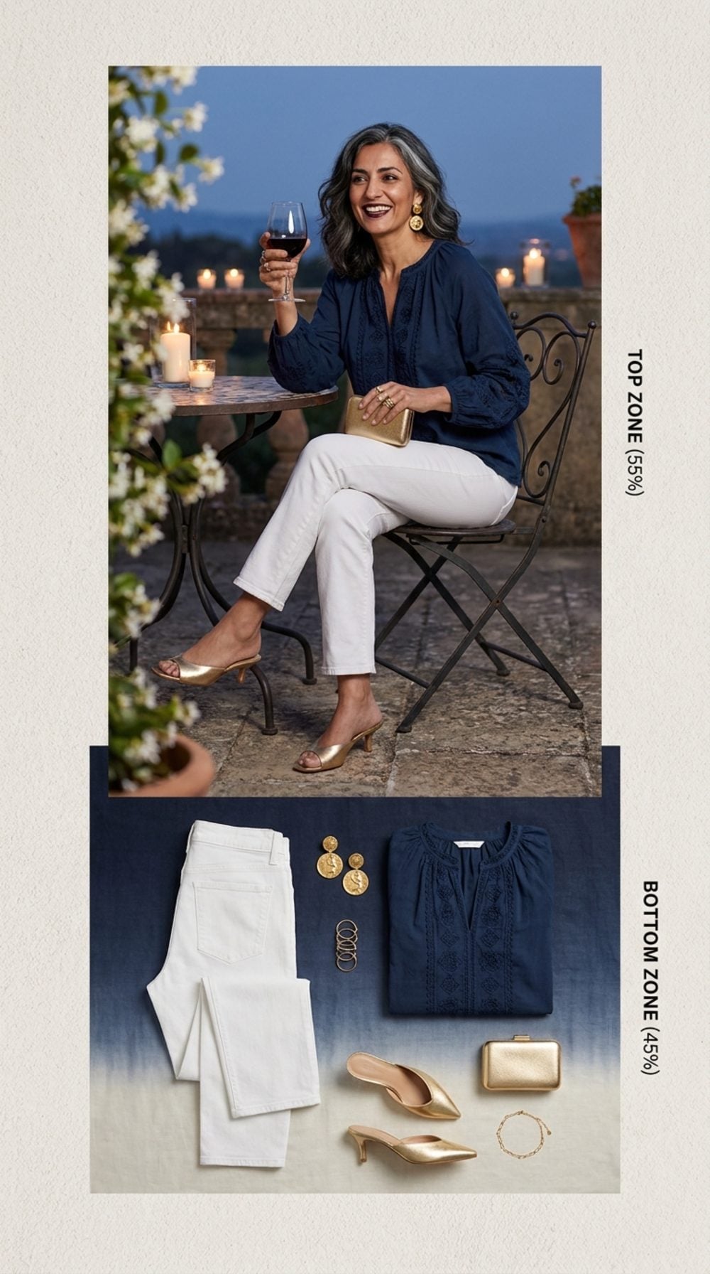 Evening Terrace Wine in White Straight-Leg and Ink-Blue Embroidered Cotton