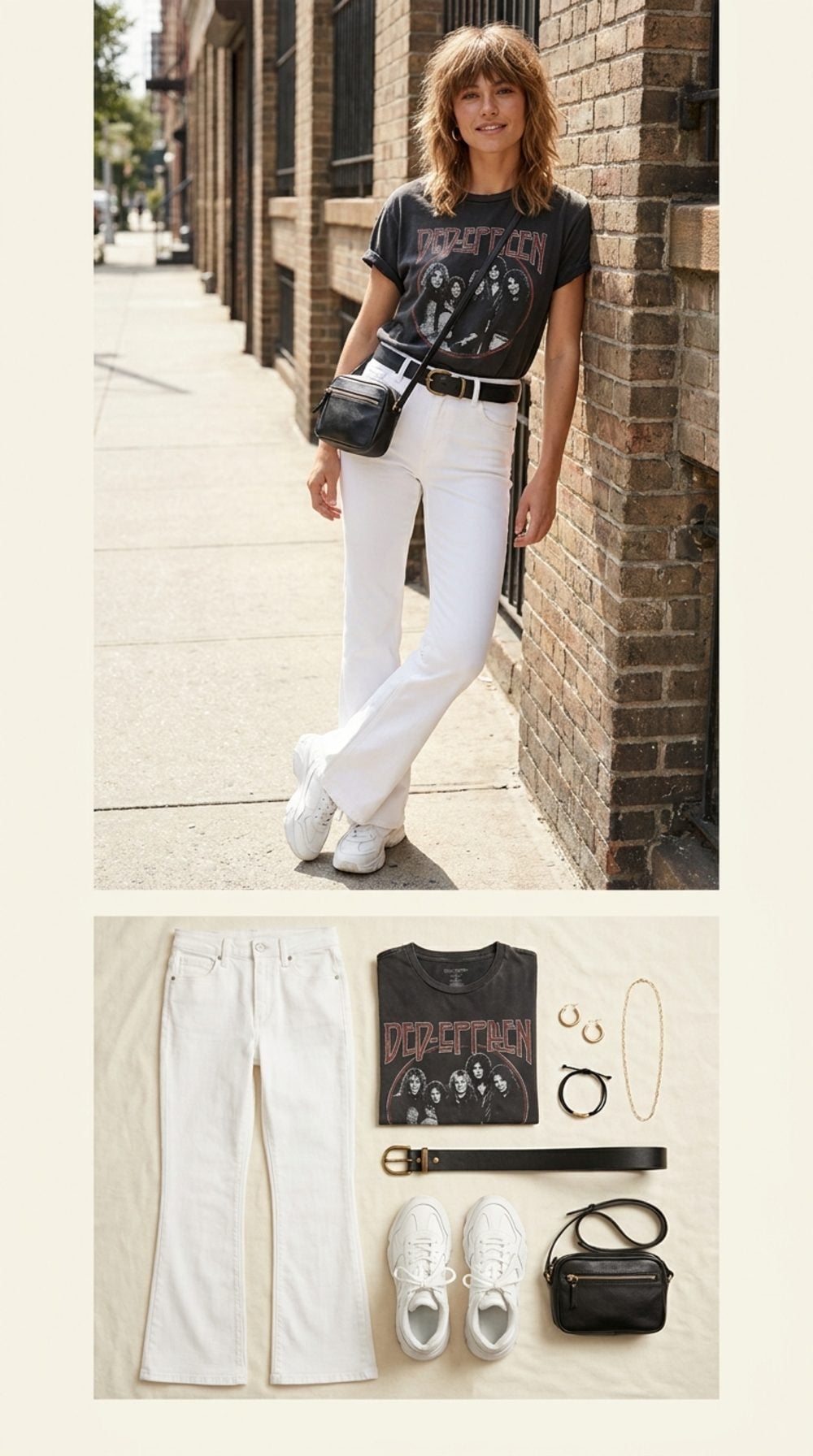 Vintage Thrift-Score Energy: White Flare Jean and a Faded Band Tee