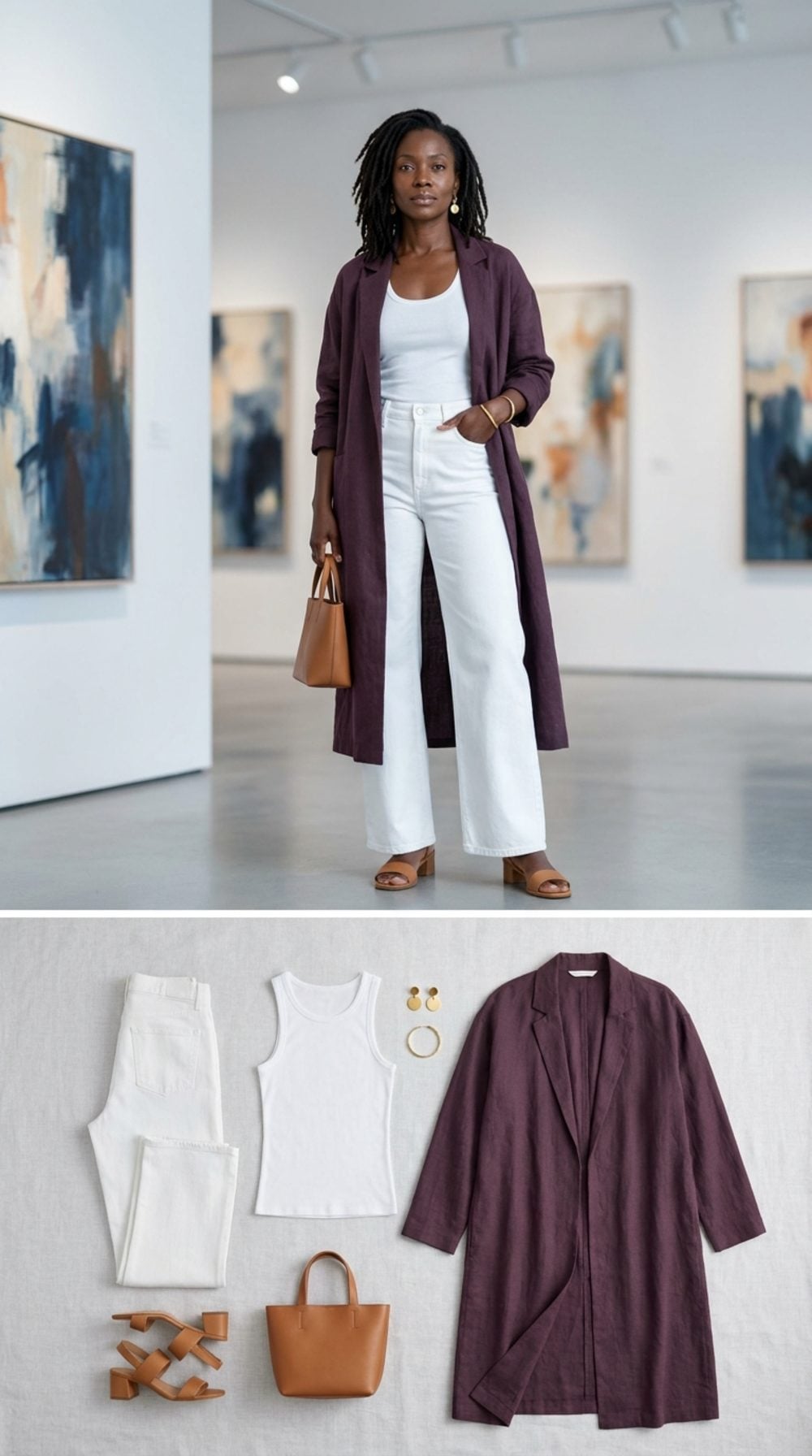 Afternoon Gallery Walk in White Wide-Leg and Deep Aubergine Linen