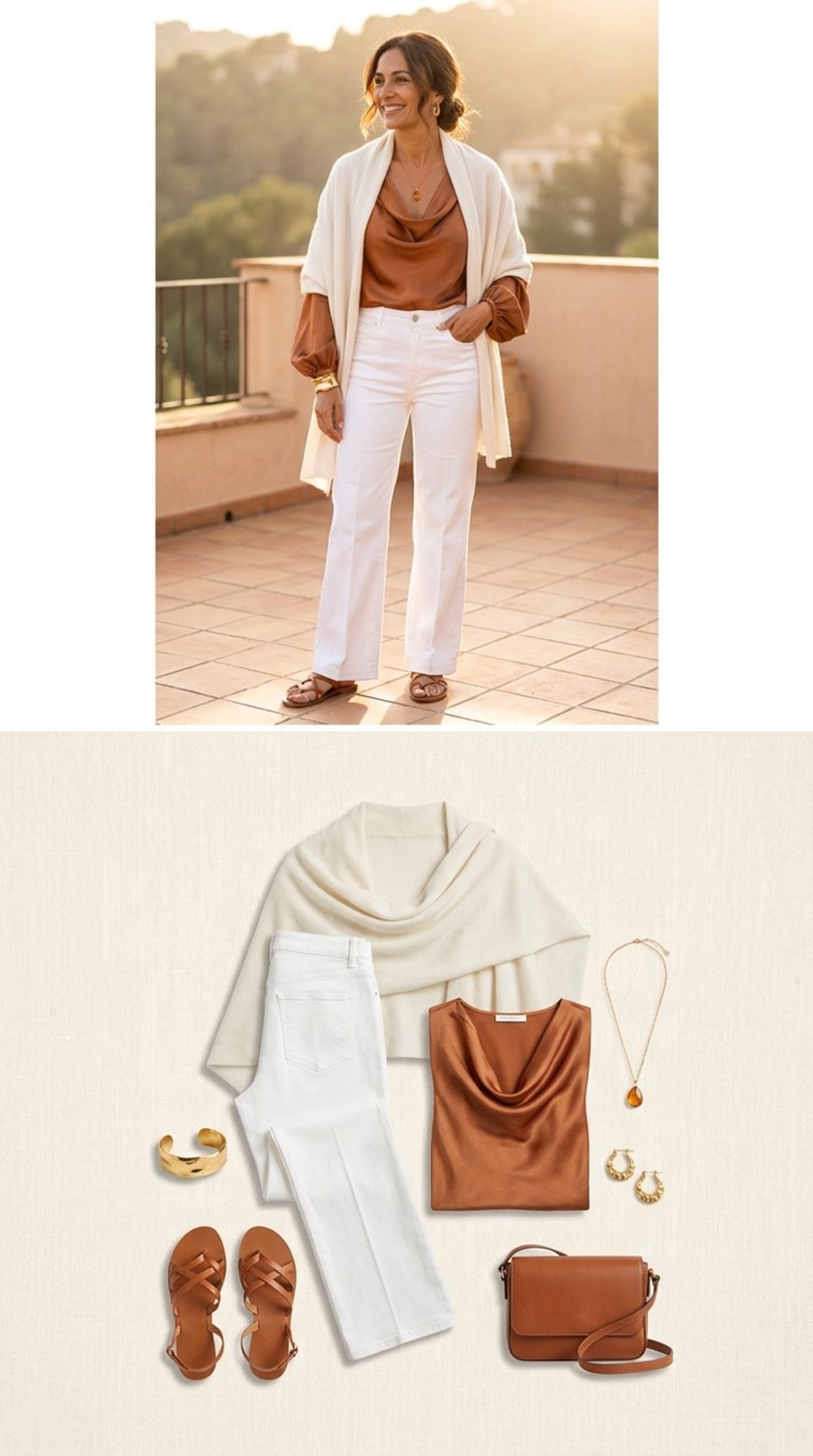 Sunset Terrace Dinner in White Wide-Legs and Burnished Copper Silk