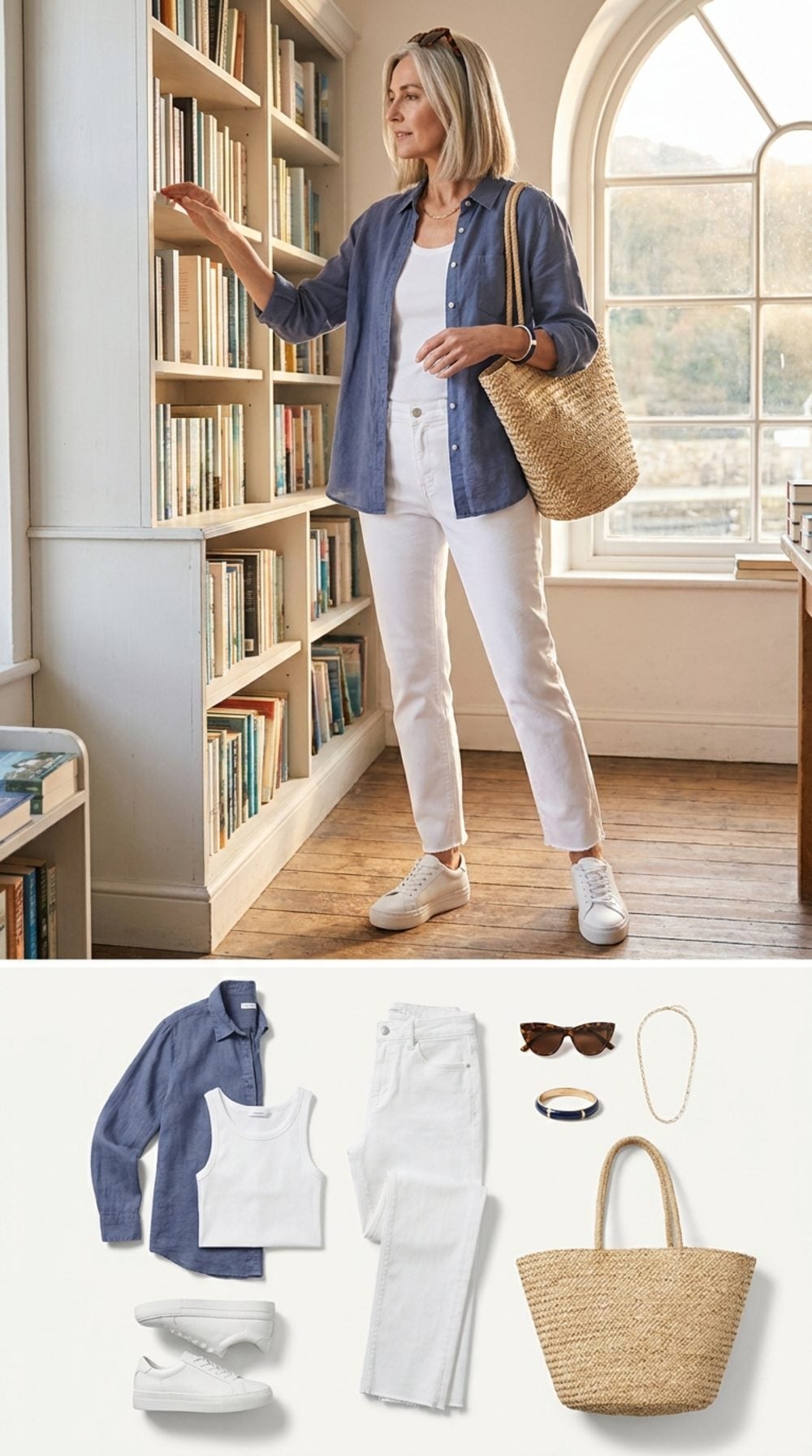 Coastal Bookshop Browse in White Straight-Leg Denim and Faded Indigo Linen