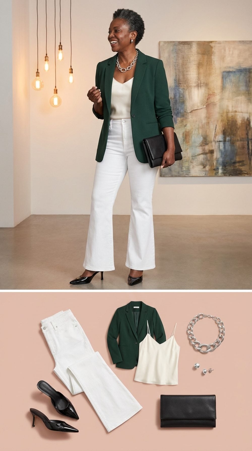 Mountain Town Gallery Opening in White Flared Jeans and Deep Forest Green Blazer