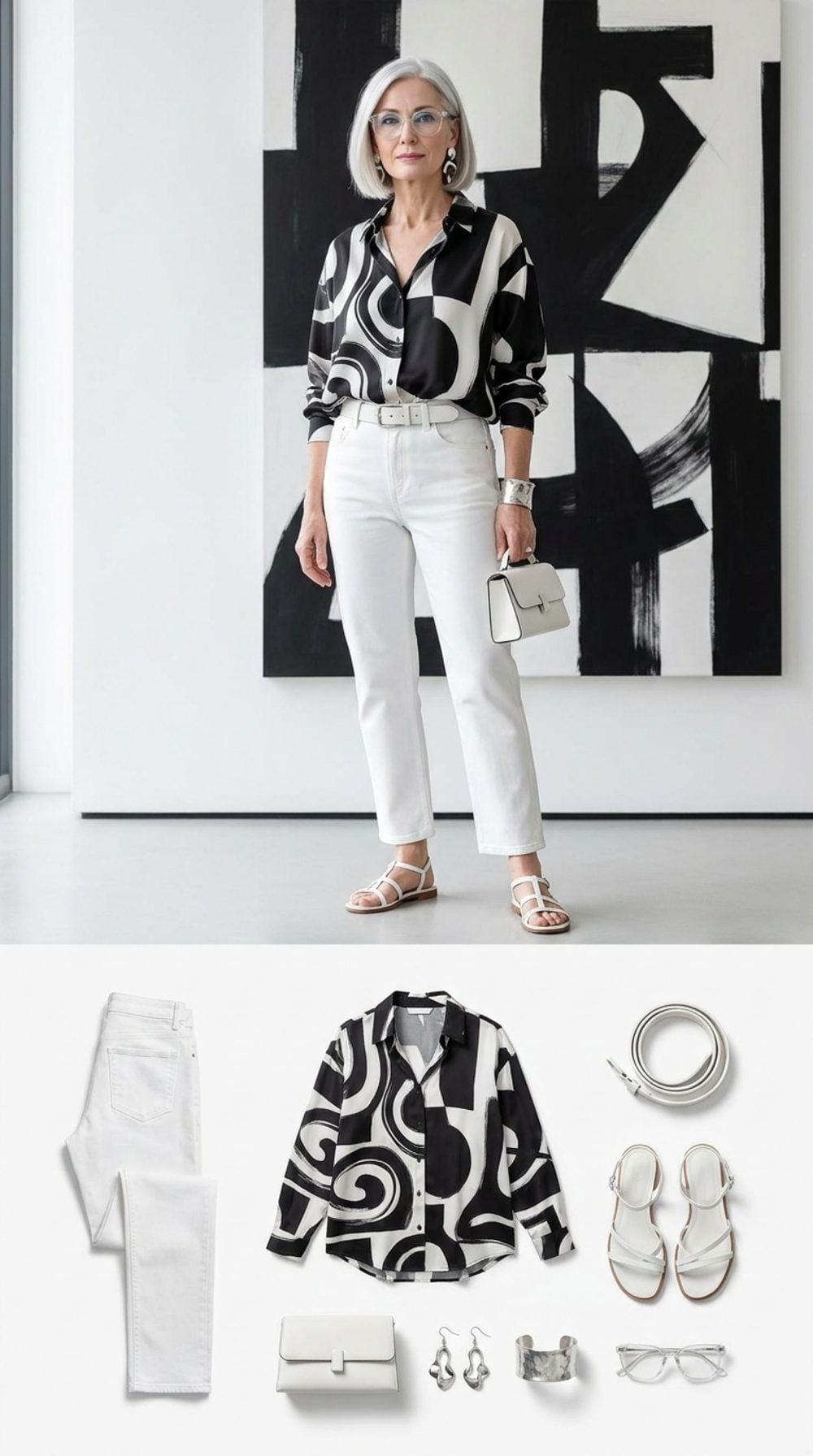 Gallery Vernissage in Sculptural White Denim and Graphic Monochrome
