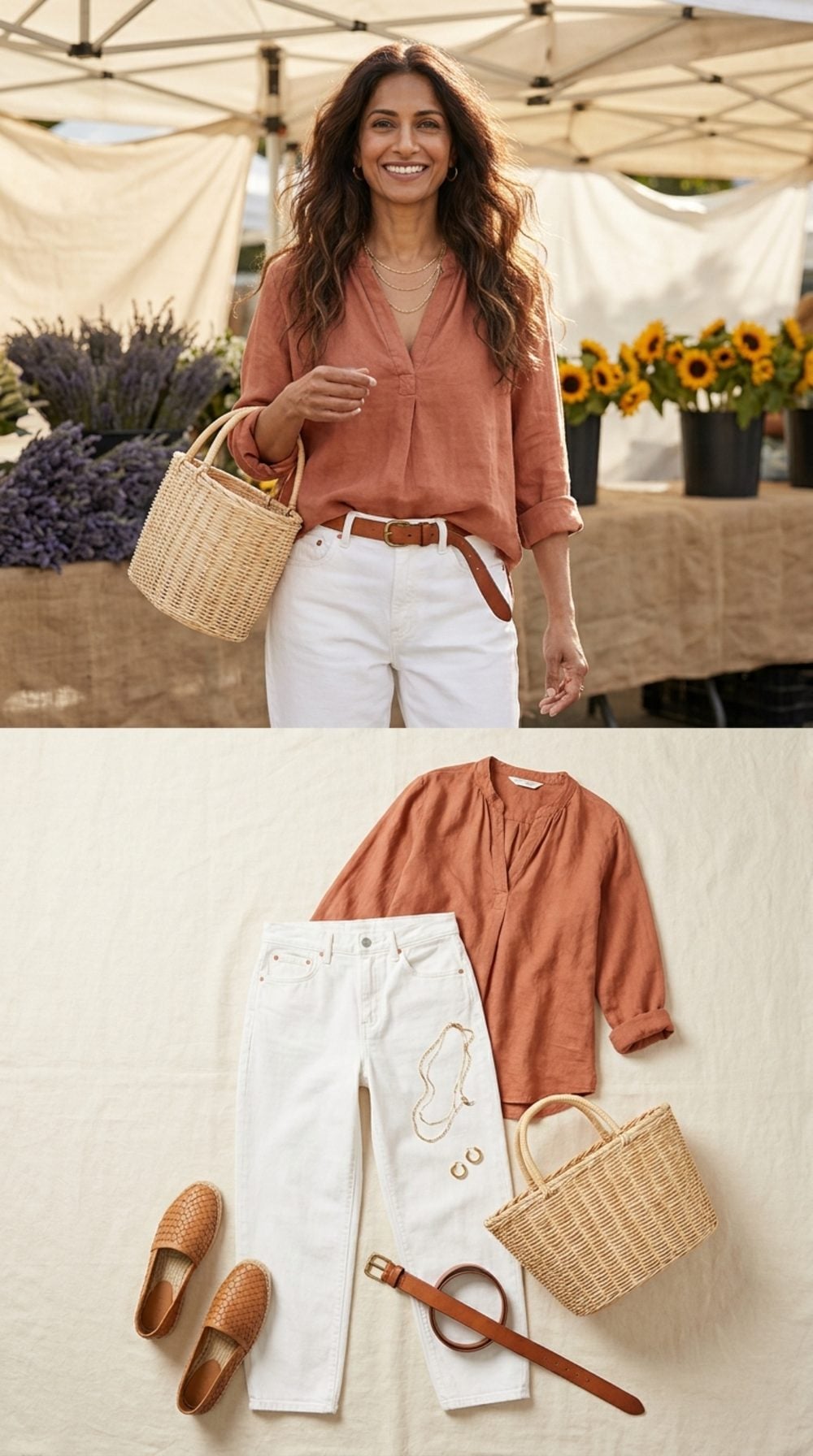 Slow Sunday Farmers Market in White Barrel-Leg Jeans and Sun-Faded Terracotta Linen