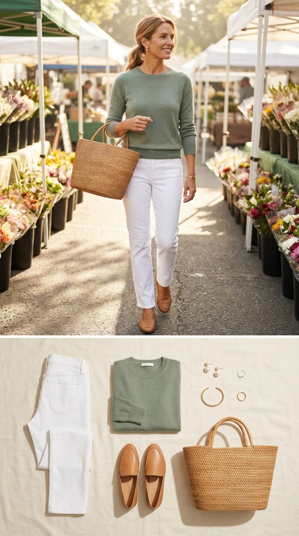 Weekend Market Ritual in White Straight-Leg and Sage Cashmere