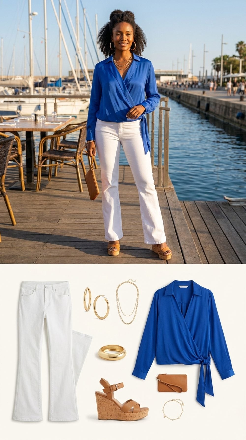 Harbor Lunch in White Flare Denim and a Cobalt Silk Wrap