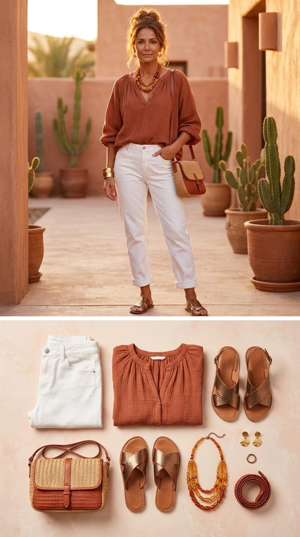 Desert Resort Twilight in White Boyfriend Denim and Hammered Bronze