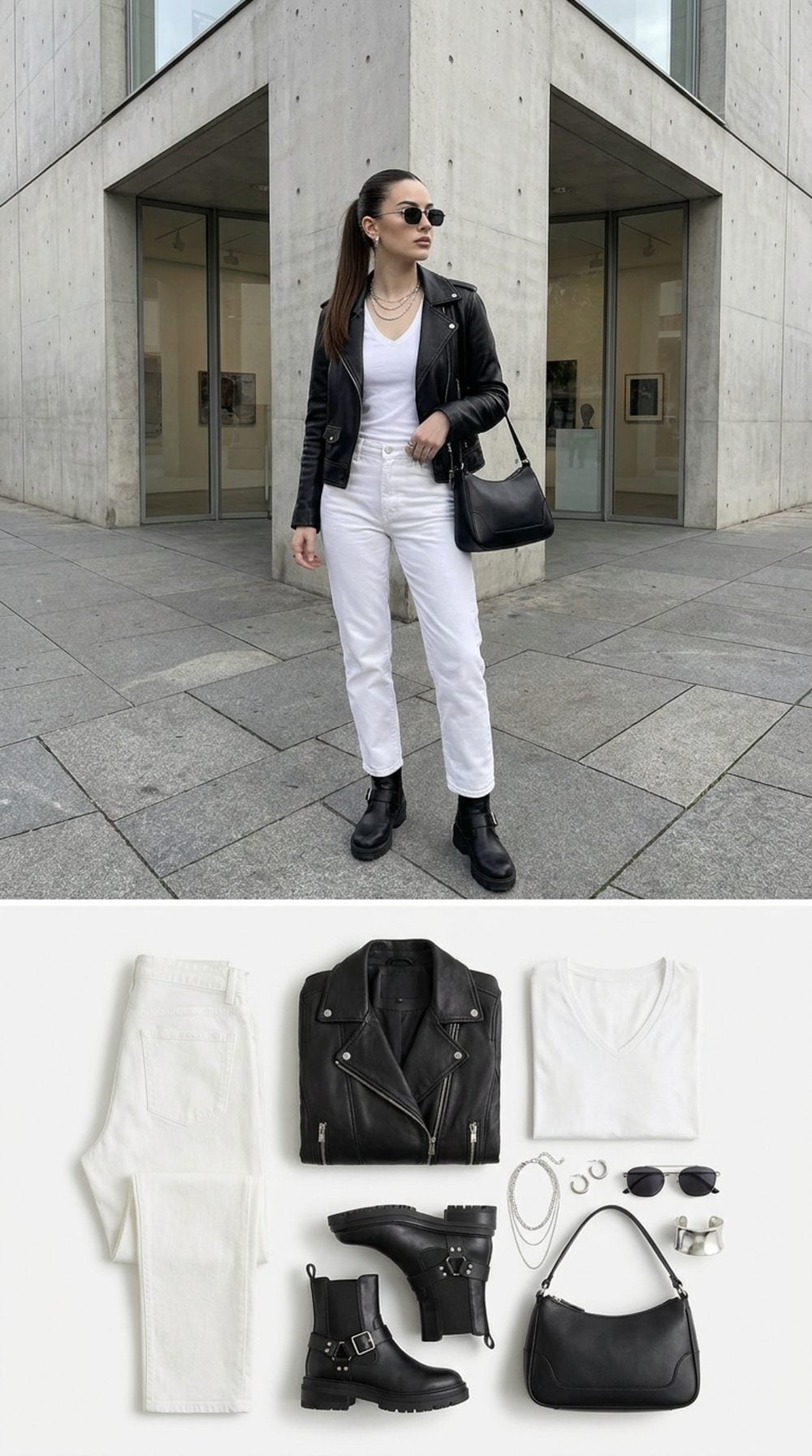City Art Walk in White Straight Denim and a Classic Leather Moto