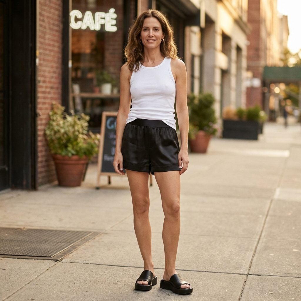 Satin Boxer-Style Shorts Worn as Outerwear, As If That Were Normal