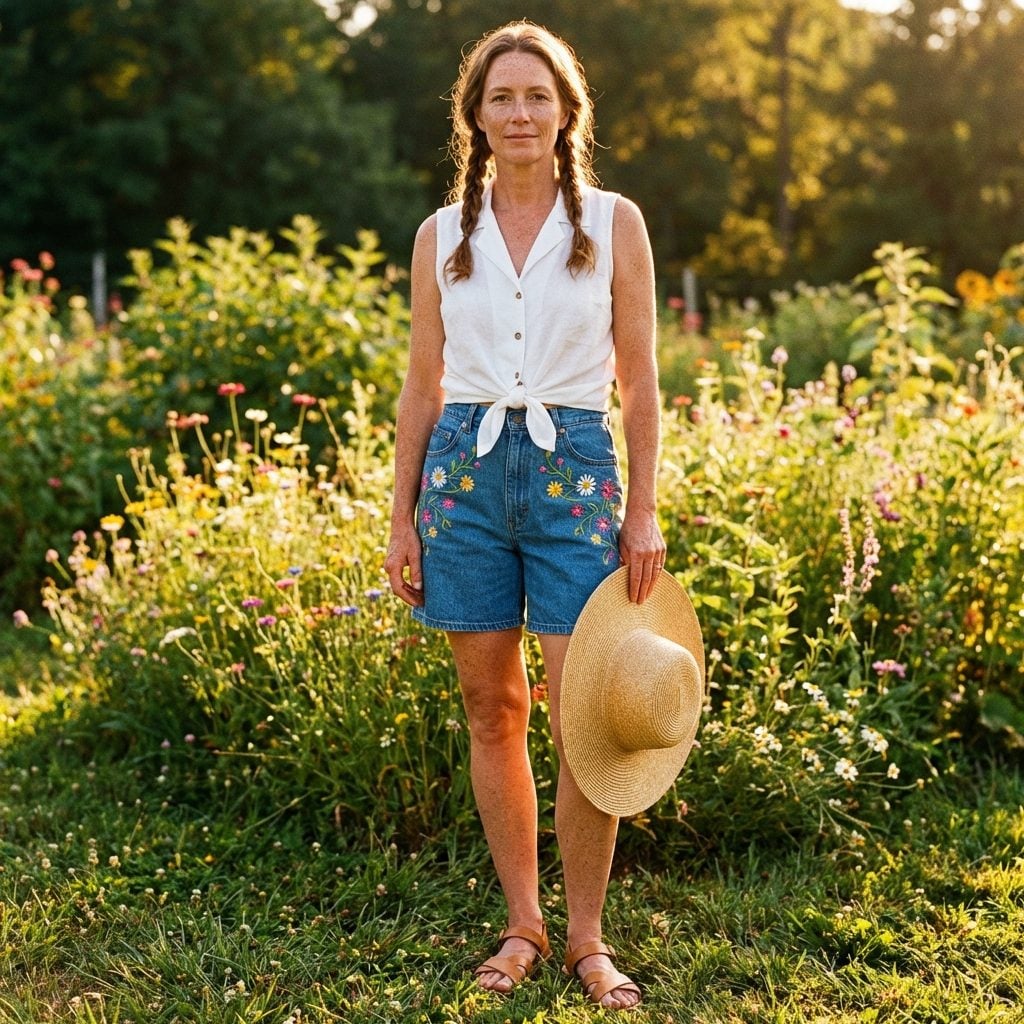 Denim Shorts With Embroidered Floral Patches Sewn Across the Pockets