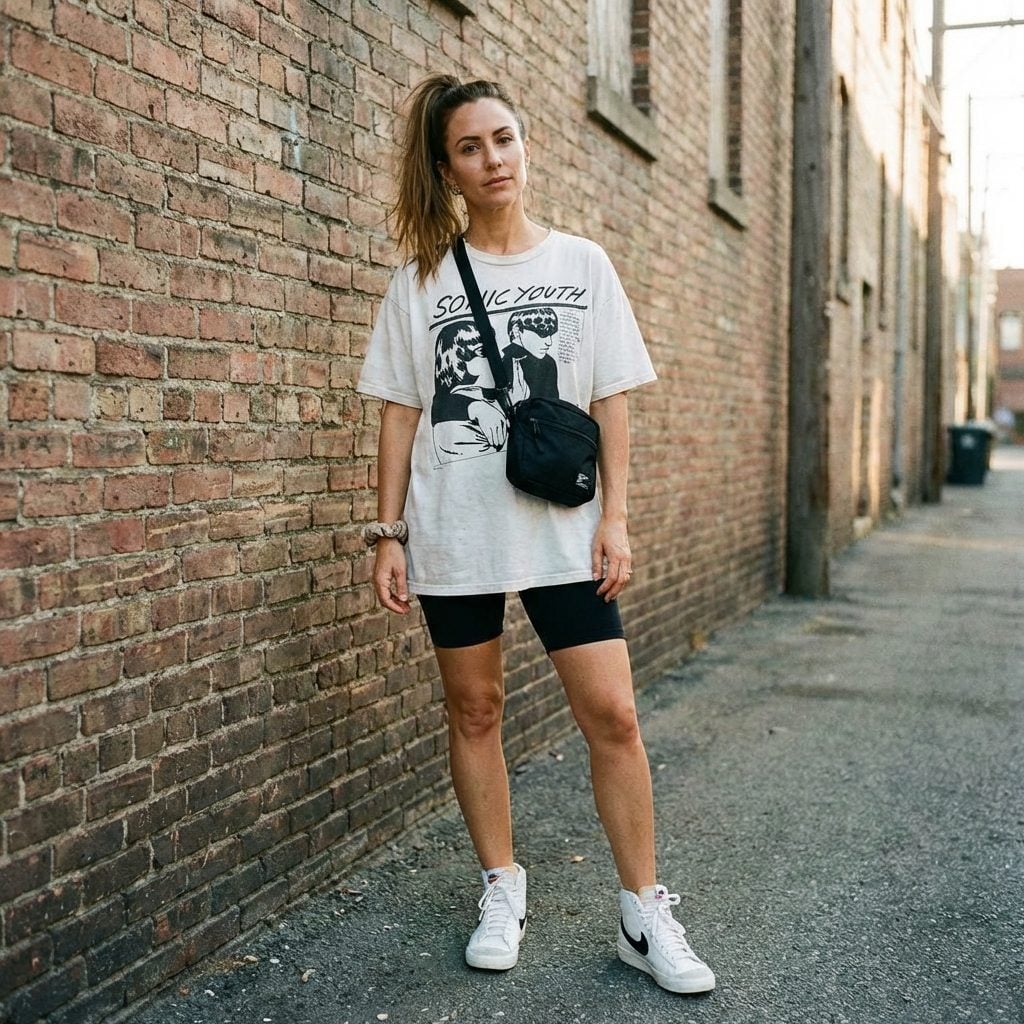 Black Spandex Biker Shorts Worn With an Oversized Band Tee