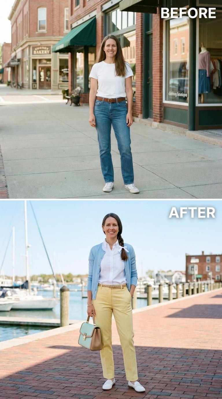 Yellow Chinos, a Blue Cardigan, and Finally Dressing Like Herself