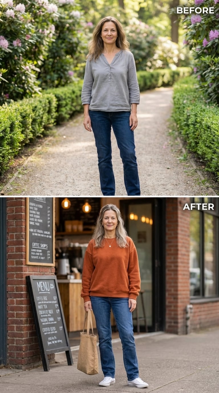 Rust Sweatshirt, White Canvas Sneakers, and the Sidewalk She Finally Owns