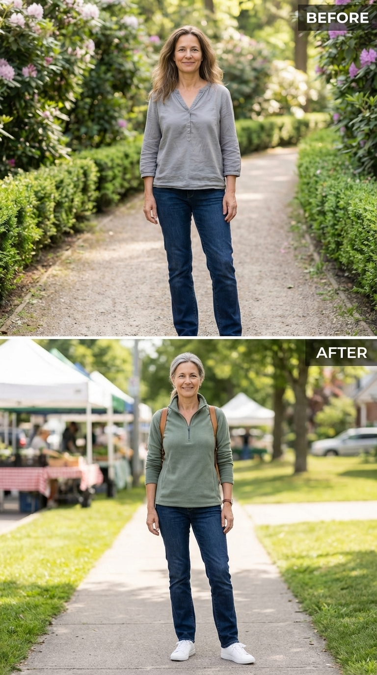 Sage Fleece, Gray Roots, and a Farmer's Market She Actually Belongs In
