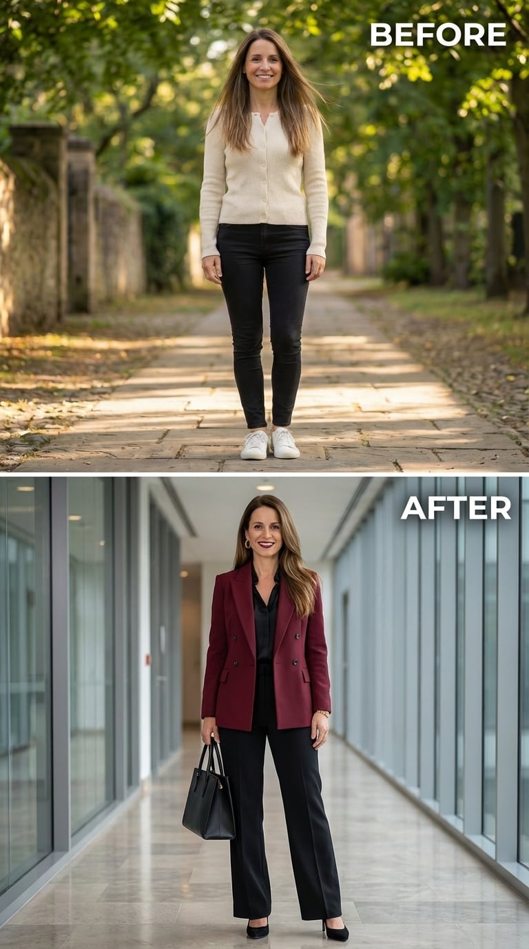 Burgundy Blazer, Black Wide-Leg Trousers, and the Outfit That Stopped Asking Permission