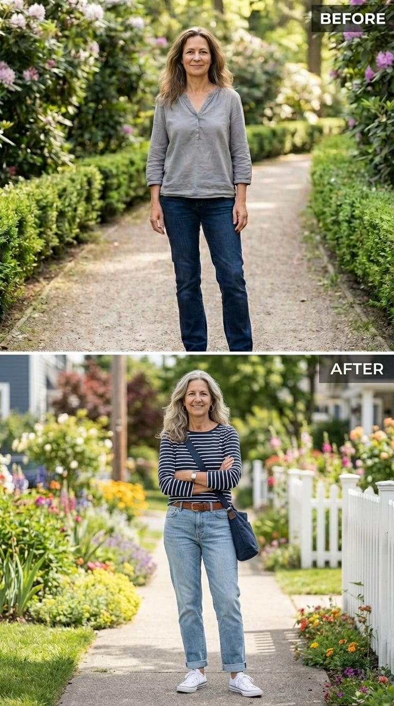 Stripes, Lighter Denim, and White Sneakers Pull a Woman Back Into the Room