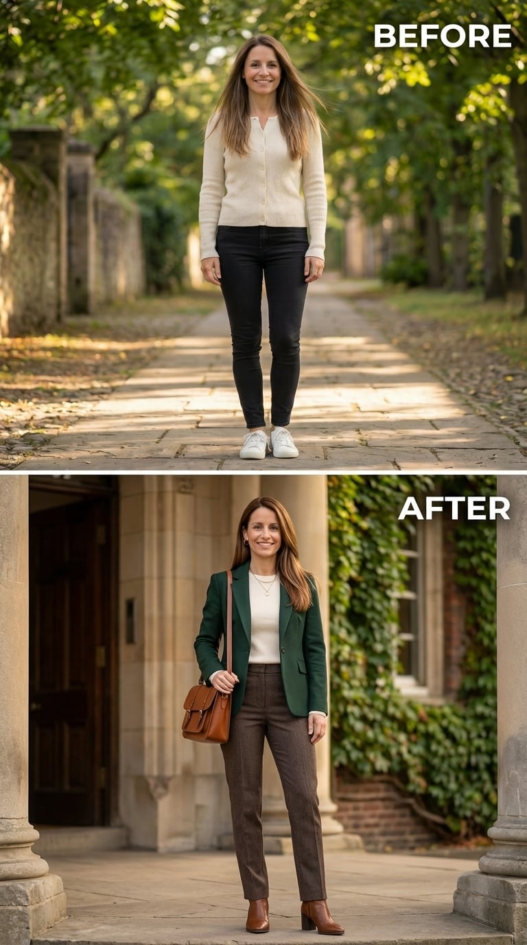 Green Blazer, Brown Tweed, and What Happens When She Stops Dressing for the Background