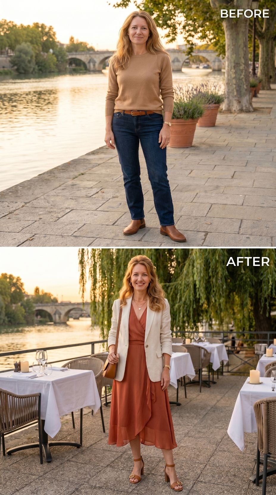 Rust Wrap Dress, Cream Blazer, and the Waterfront Table She Almost Skipped