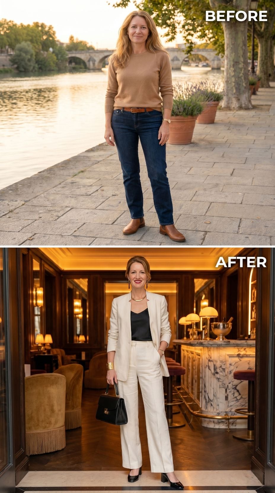 Jeans by the River, Ivory Suit at the Bar — One Woman, One Decision