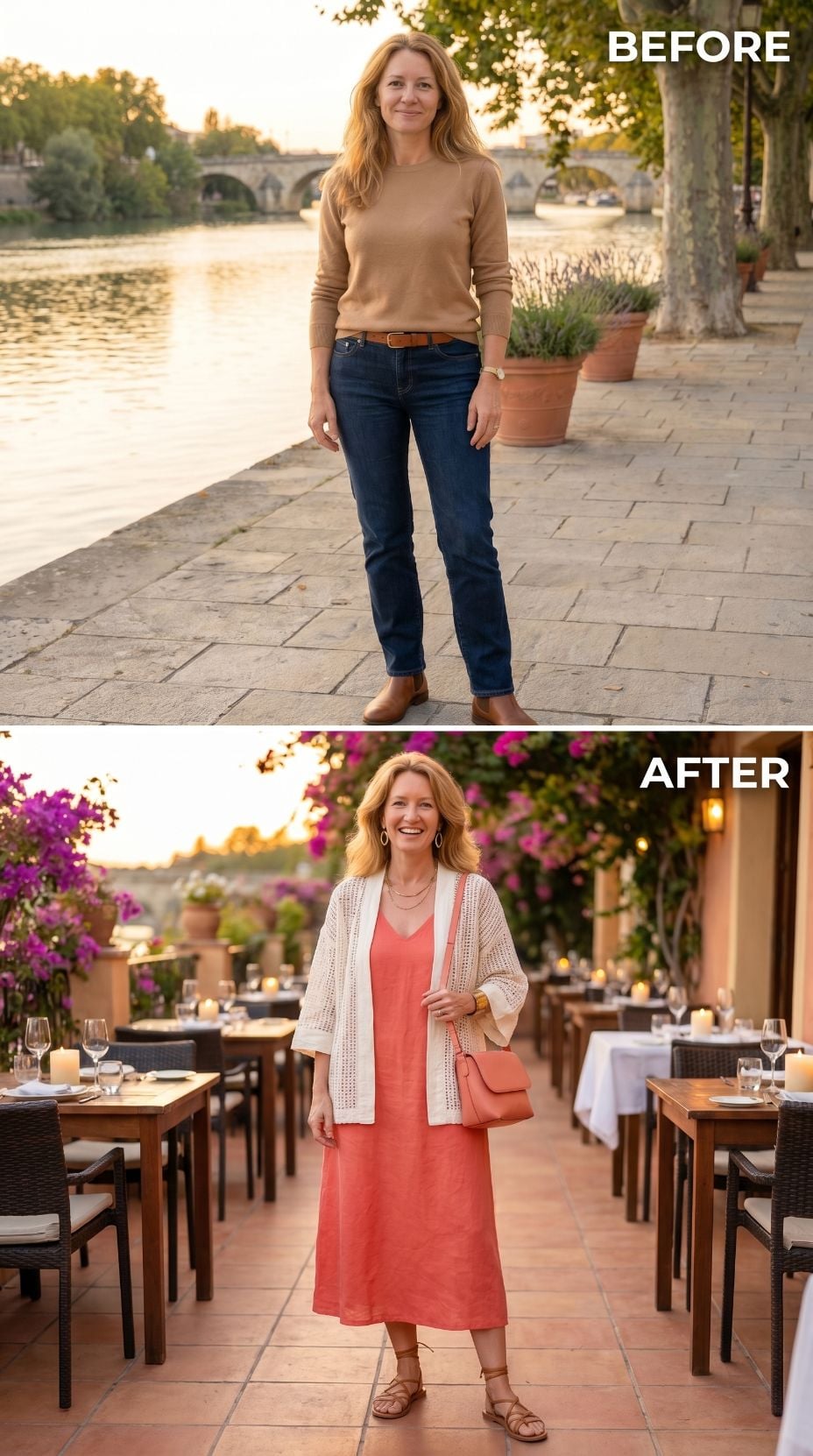Coral Linen, a White Cardigan, and the Restaurant Patio She Actually Walked Into