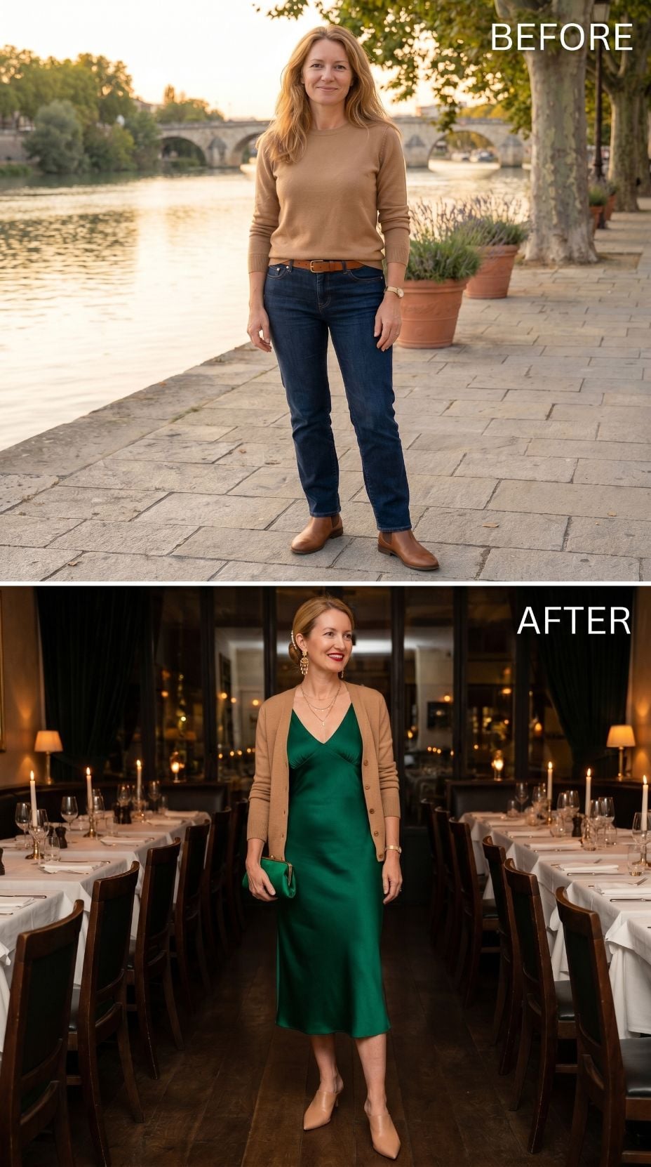 Camel Knit by the River, Emerald Satin Midi at the Candlelit Table