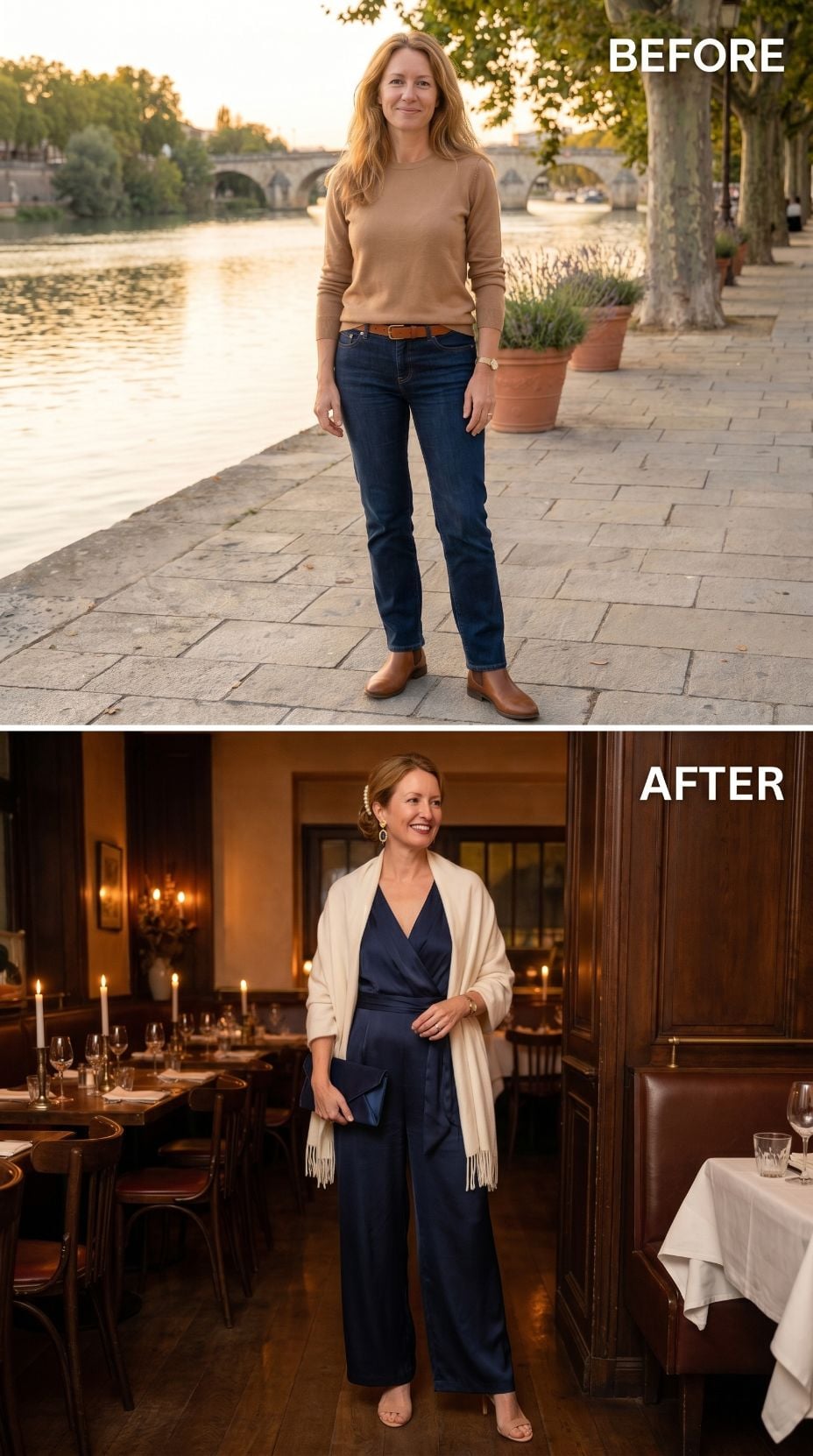 Jeans by the Seine, Navy Jumpsuit at the Candlelit Table — Same Woman, Different Night