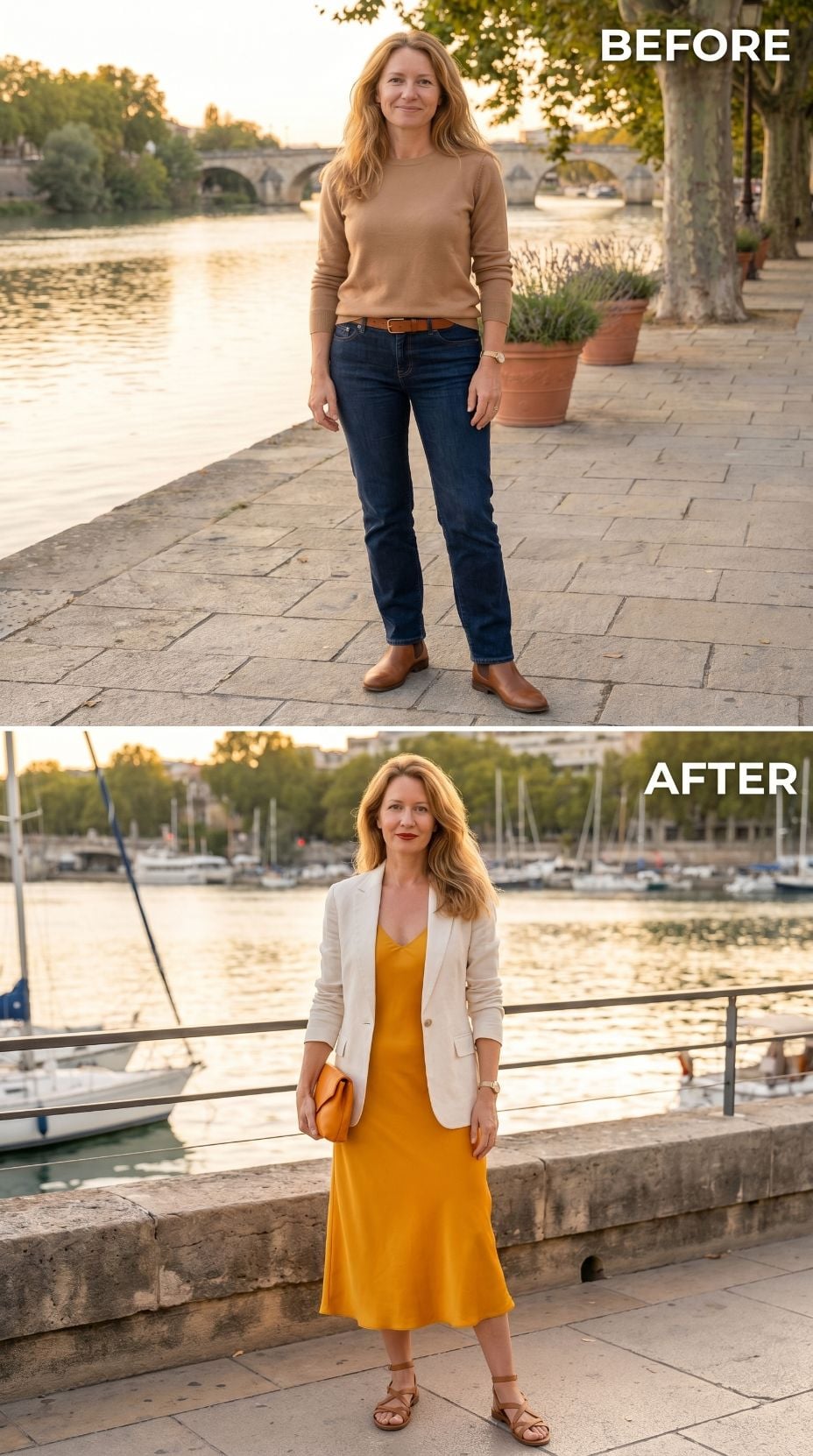 Mustard Slip Dress, Cream Blazer, and the Harbor She Finally Walked Toward