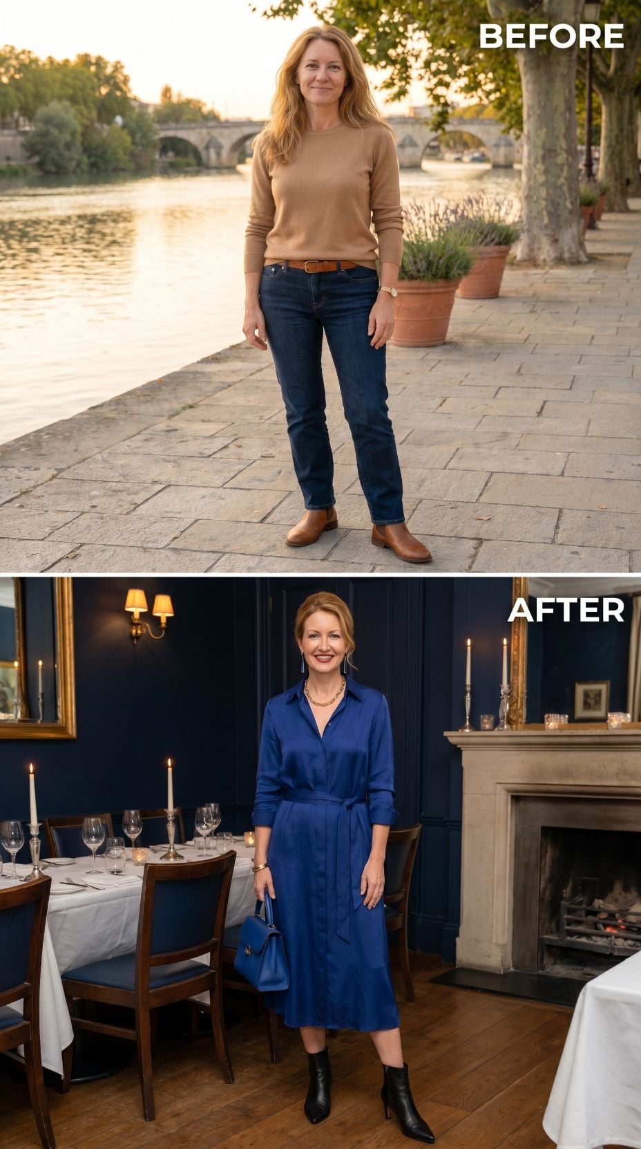 Tan Knit by the River, Royal Blue Silk at the Candlelit Table