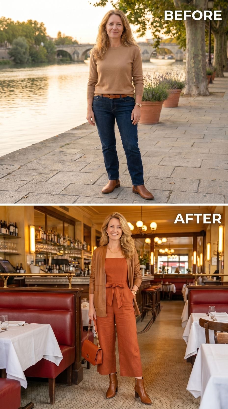 Camel Knit Left by the Water, Rust Linen Under Restaurant Light