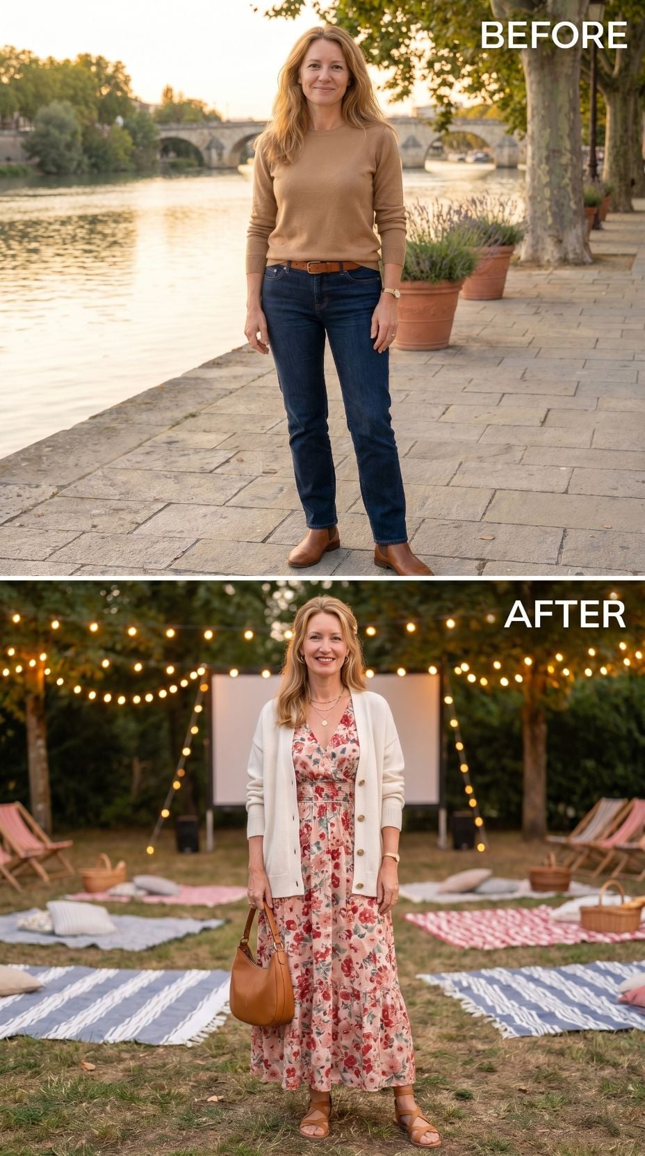 Camel Knit by the Waterfront, Floral Midi at the Outdoor Cinema — One Evening, Two Versions