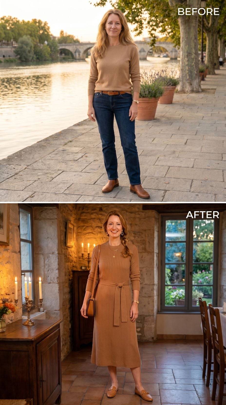 Camel Knit by the Water, Ribbed Midi at the Candlelit Stone Wall