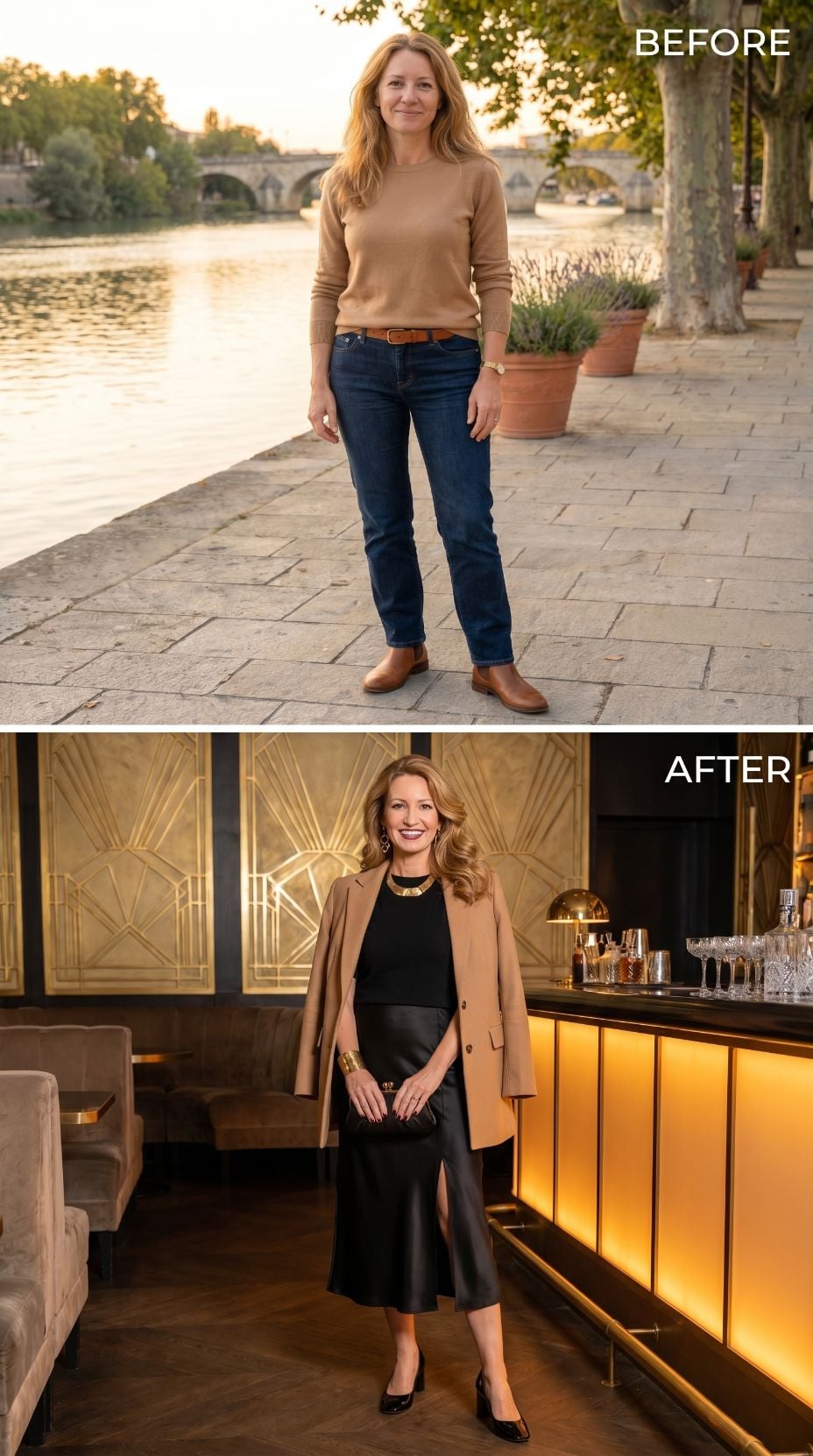 Camel Knit by the River, Black Satin Midi Under Art Deco Gold