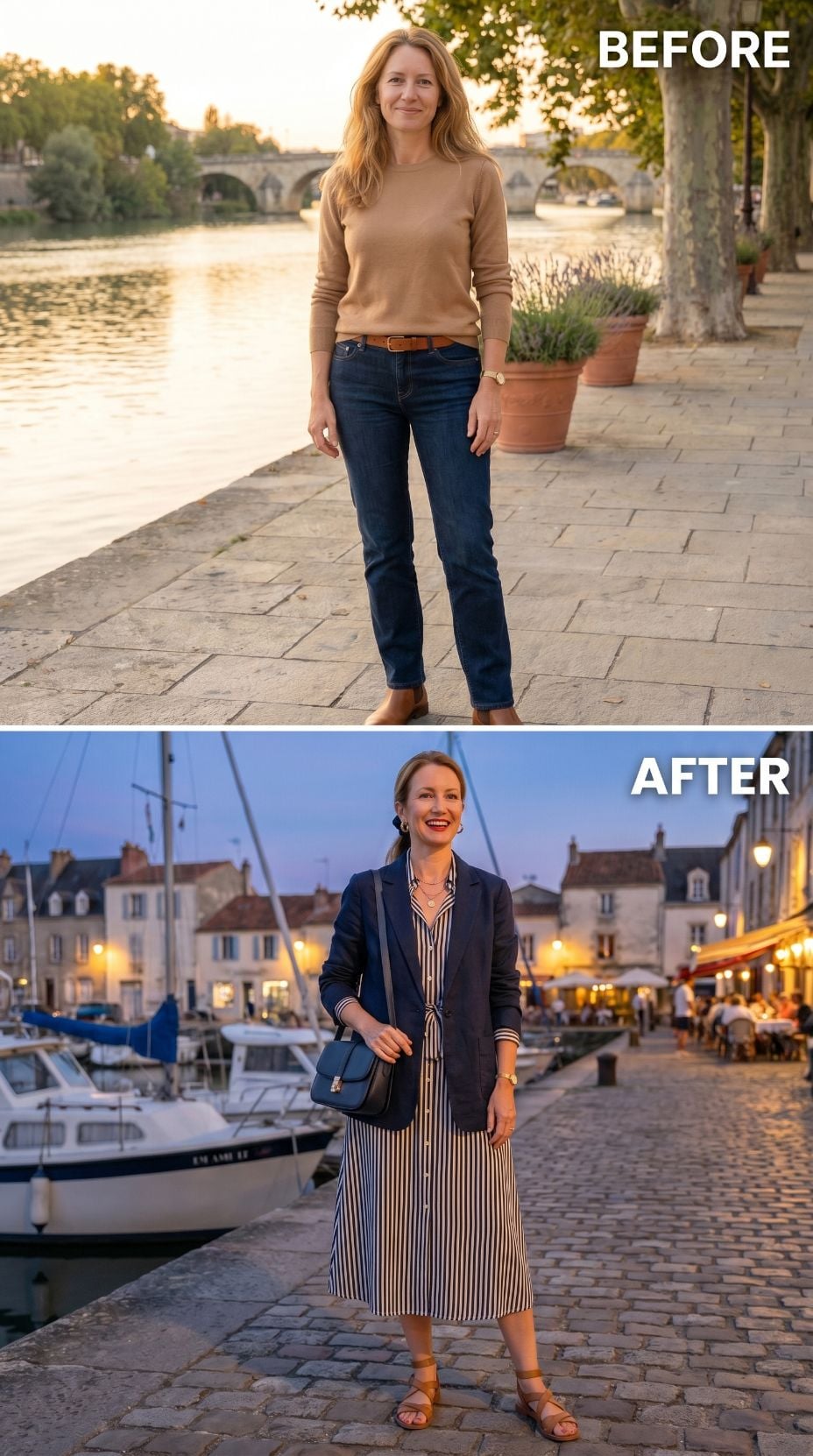 Camel Knit Left at the River, Striped Midi Under Harbor Lights