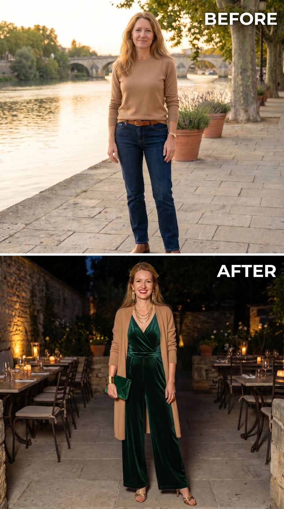 Camel Knit by the River, Emerald Velvet Jumpsuit at the Candlelit Courtyard