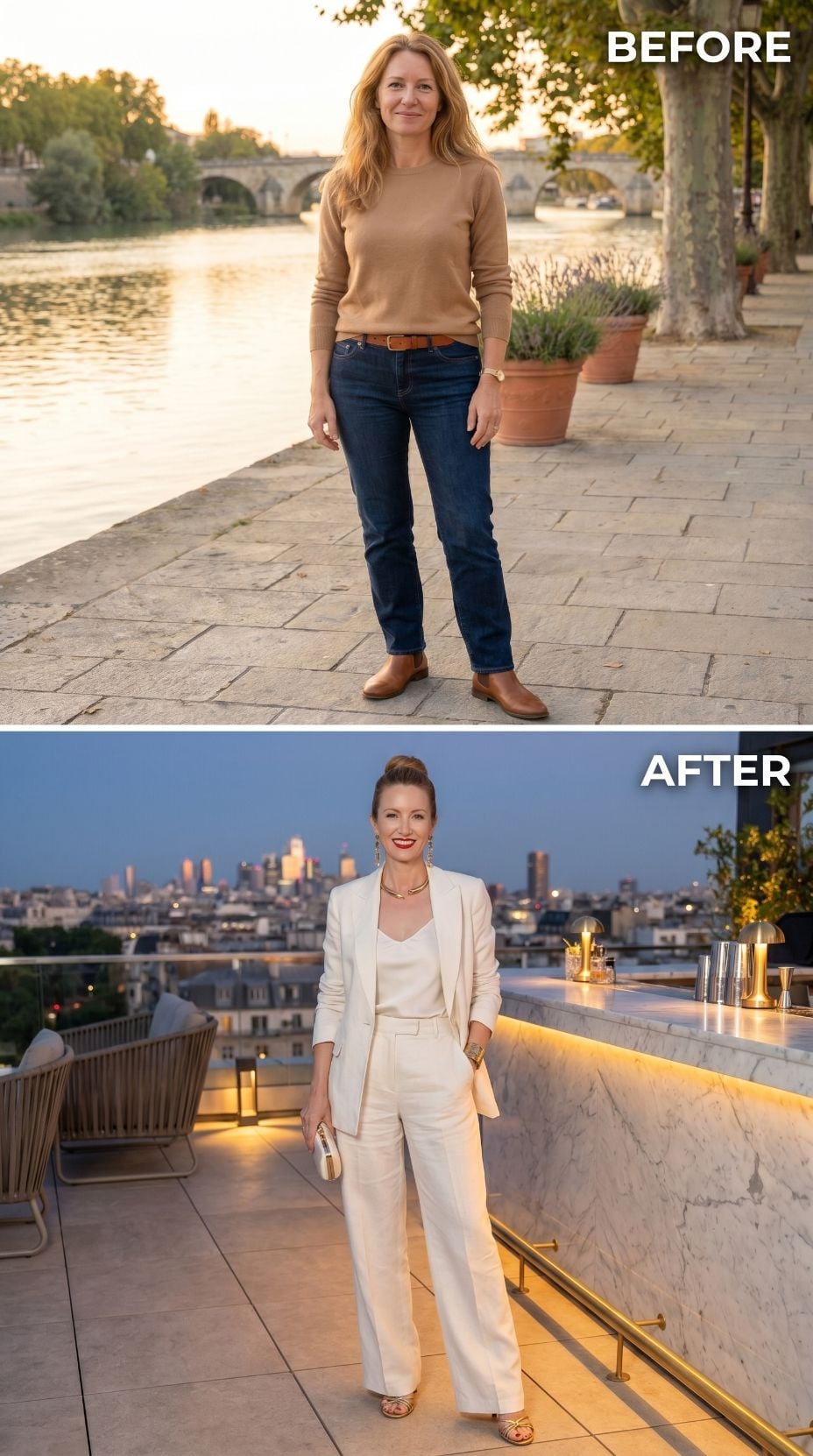Camel Knit at the River, Ivory Power Suit on a Paris Rooftop at Dusk