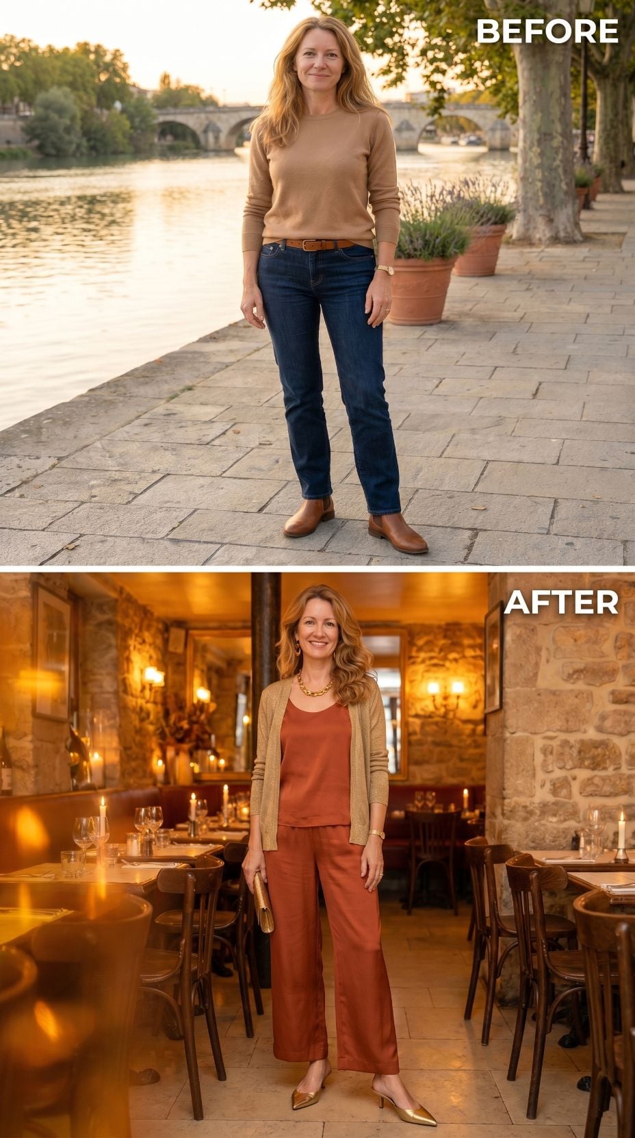 Gold Cardigan Over Rust Satin, Because the Restaurant Deserved More Than She Had Left