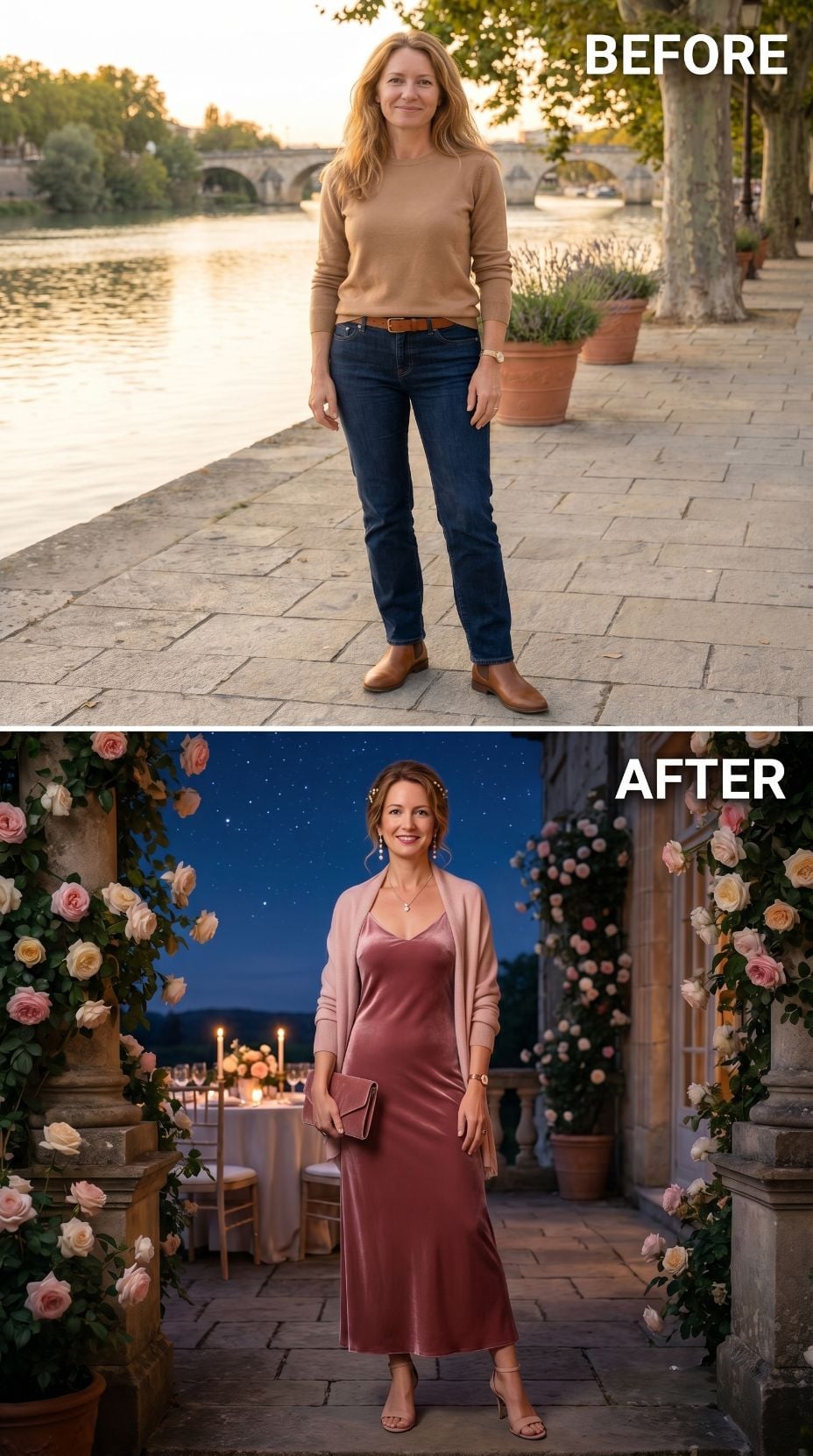 Camel Knit by the River, Dusty Rose Velvet at the Garden Table Under Stars
