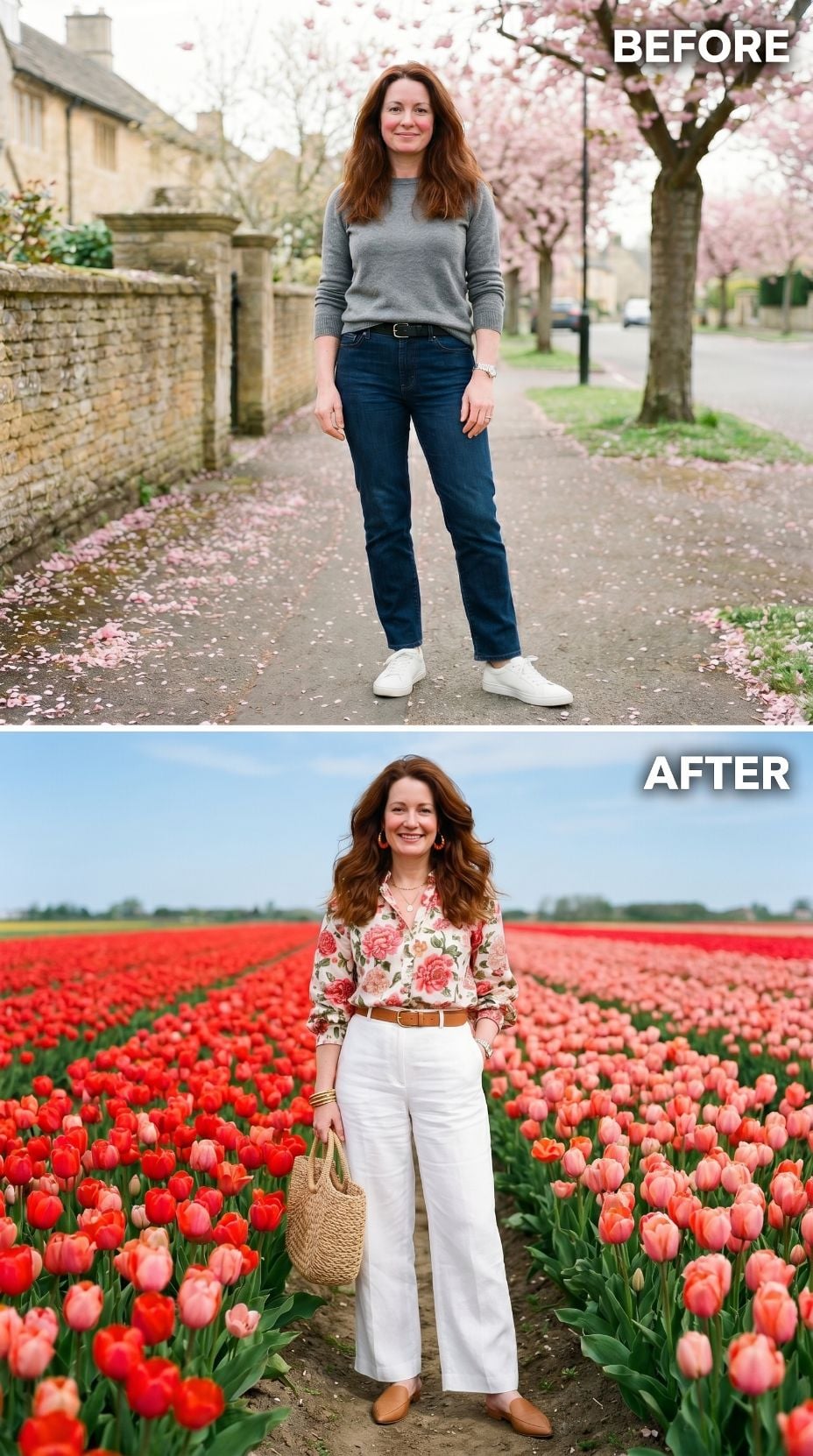 Gray Sweater Clocked Out. Floral Blouse, White Linen, and a Tulip Field Clocked In.