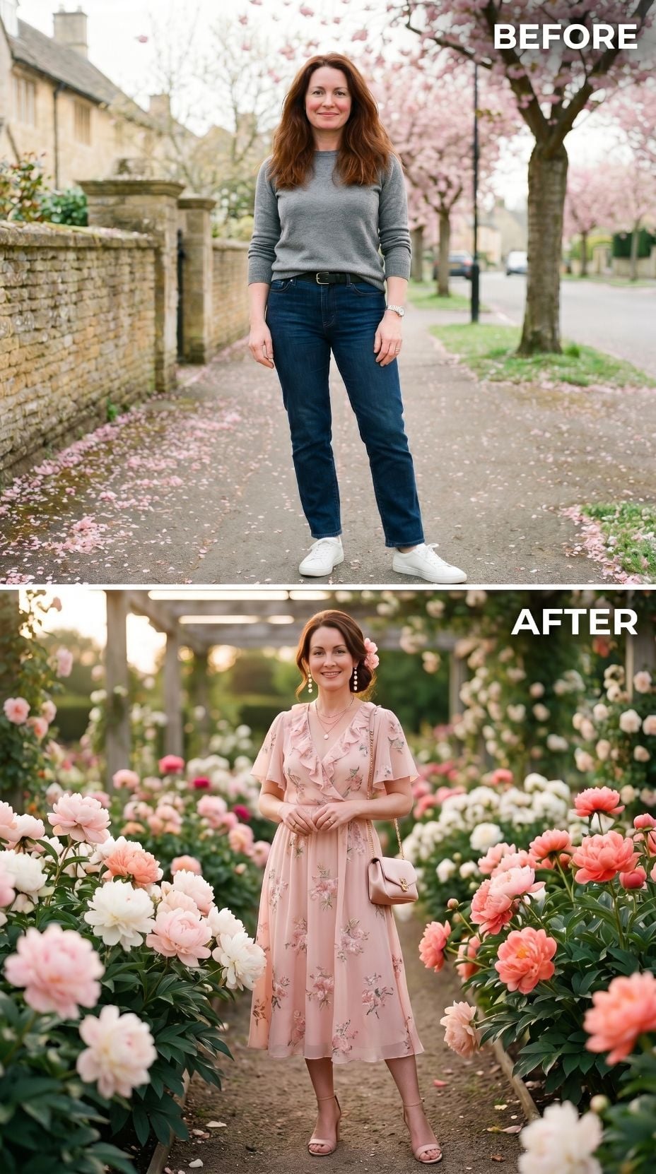 Jeans and Sneakers Clocked Out. The Floral Midi Punched In.